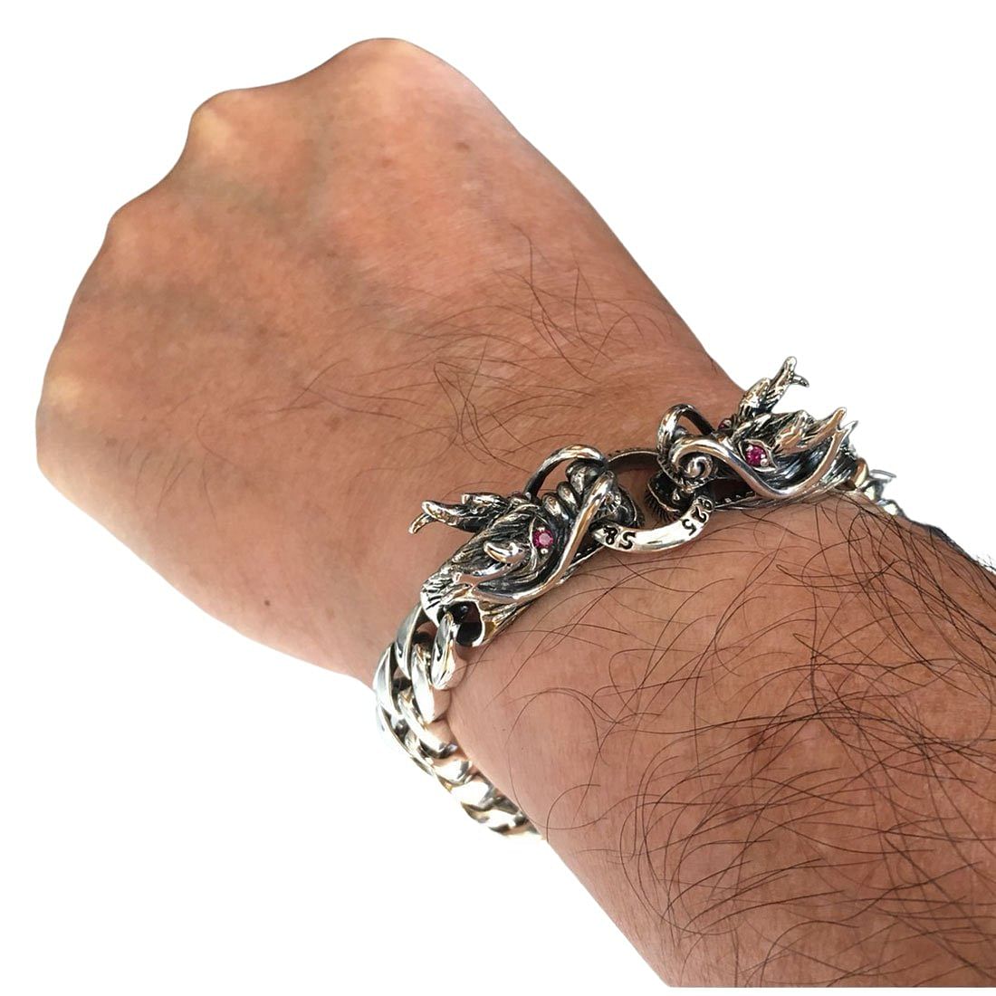 Sterling Silver Dragon Link Mens Bracelet