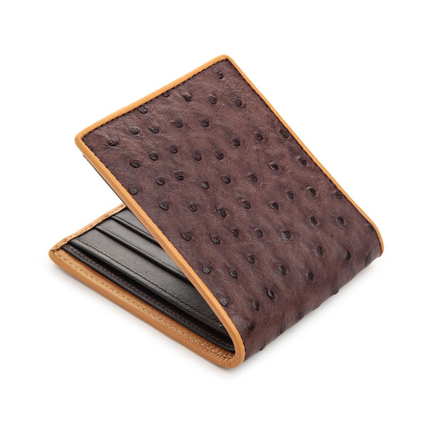 Genuine Ostrich Brown Bifold Billfold Wallet Leather Handmade in USA - Optional Personalized Monogram