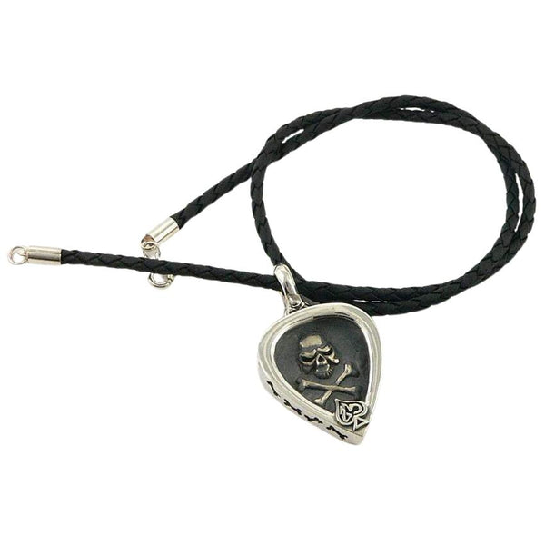 Collana con pendente in argento sterling con supporto per plettro per chitarra con teschio